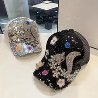 [Anime Baseball Cap] Anime Theme Women's Fashion Baseball Cap - Breathable Mesh, Adjustable Fit, Rhinestones and Floral Embellishments, Hot-stamping Craftsmanship, Sparkling Sequin Duckbill Hat, Carnival/Mardi Gras/Masquerade SS69