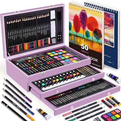 175pcs Deluxe Art Set With 2 Drawing Pads, Crayons, Acrylic Paints, Colored Pencils Set In Wooden Case, Professional Art Kit, Paint Supplies, Gift, Christmas & Halloween, Back To School