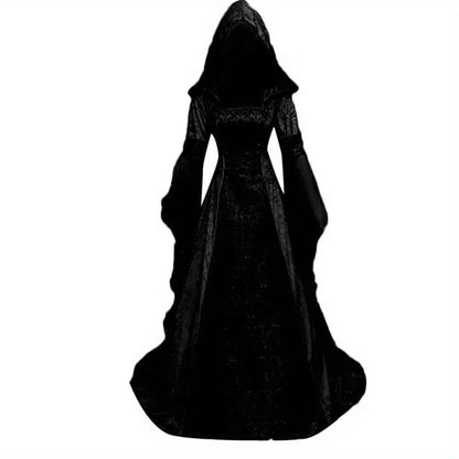 Women's Medieval Renaissance Wedding Dress & Costume - Off-Shoulder/Boat Neck Hooded Waist A-Line Dress with Slim-Fit Bodice & Flowing Train, Machine Washable Renaissance Faire Outfit for Renaissance-Themed Events, Weddings,