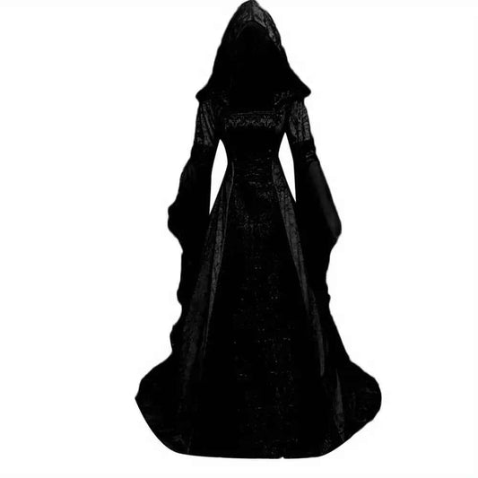 Women's Medieval Renaissance Wedding Dress & Costume - Off-Shoulder/Boat Neck Hooded Waist A-Line Dress with Slim-Fit Bodice & Flowing Train, Machine Washable Renaissance Faire Outfit for Renaissance-Themed Events, Weddings,