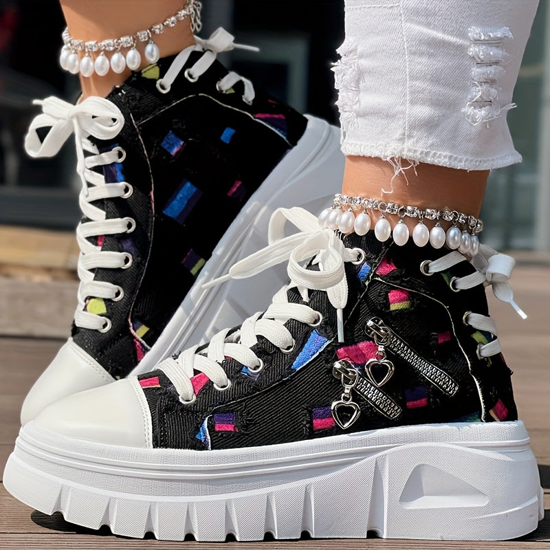 Heart Print Double Zipper Design Lace-up Sneakers - SS69