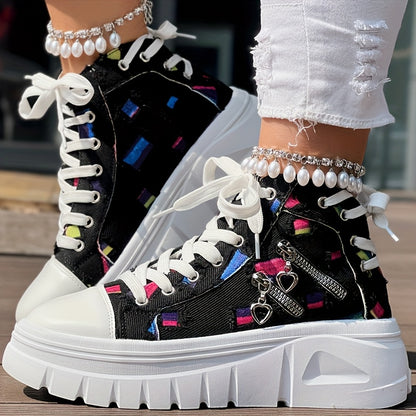 Heart Print Double Zipper Design Lace-up Sneakers - SS69