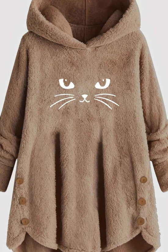 Plus Size, Women's Plus Size Cat Print Button Detail Hem Plush Casual Long Sleeve Hooded Sweatshirt