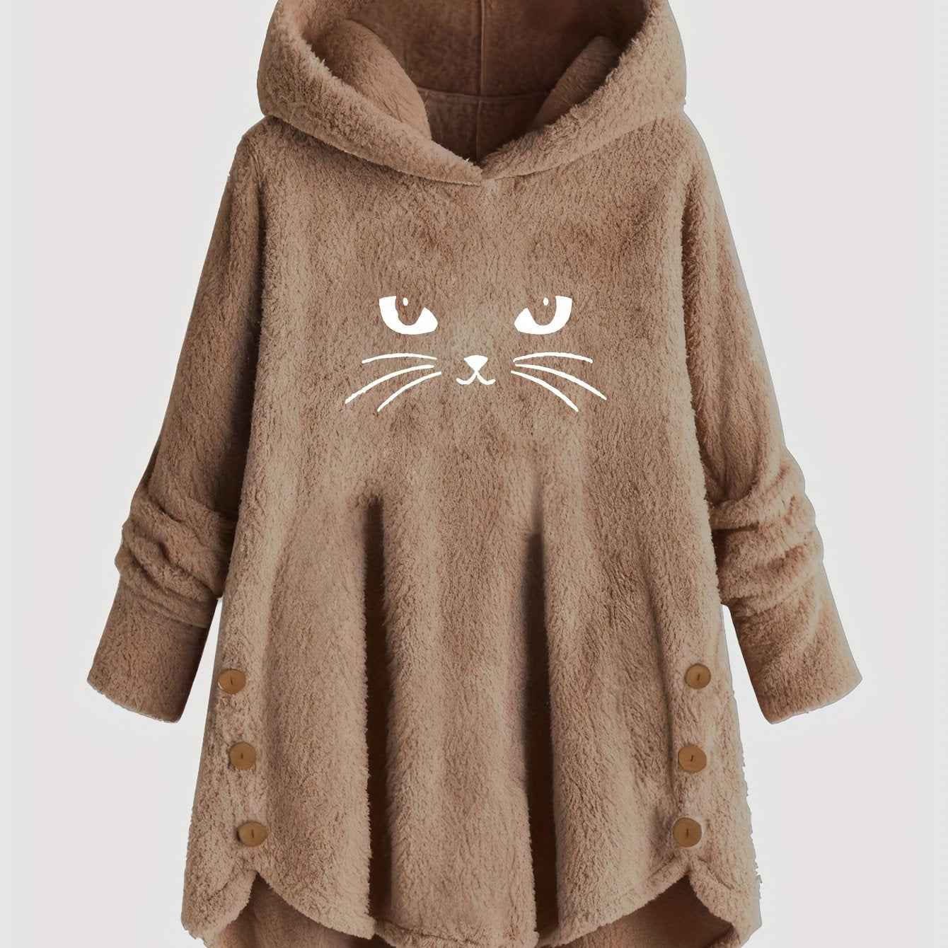 Plus Size, Women's Plus Size Cat Print Button Detail Hem Plush Casual Long Sleeve Hooded Sweatshirt