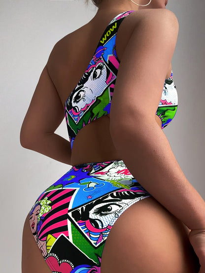 Women'S Vibrant One-Shoulder Swimsuit with Colorful Cartoon Characters - High Stretch, Asymmetrical Design, Perfect for Beach and Pool, Pool Swimsuit|Playful Design|One Shoulder Swimsui SS69