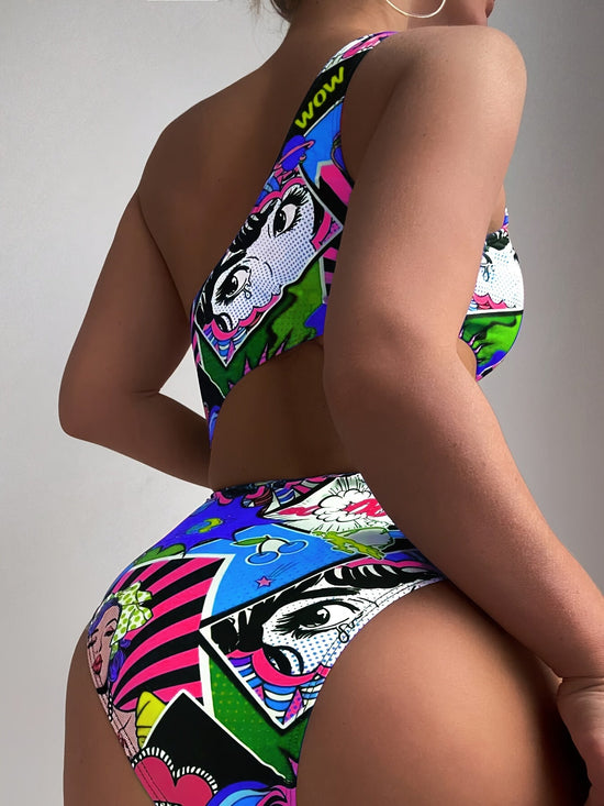 Women'S Vibrant One-Shoulder Swimsuit with Colorful Cartoon Characters - High Stretch, Asymmetrical Design, Perfect for Beach and Pool, Pool Swimsuit|Playful Design|One Shoulder Swimsui SS69