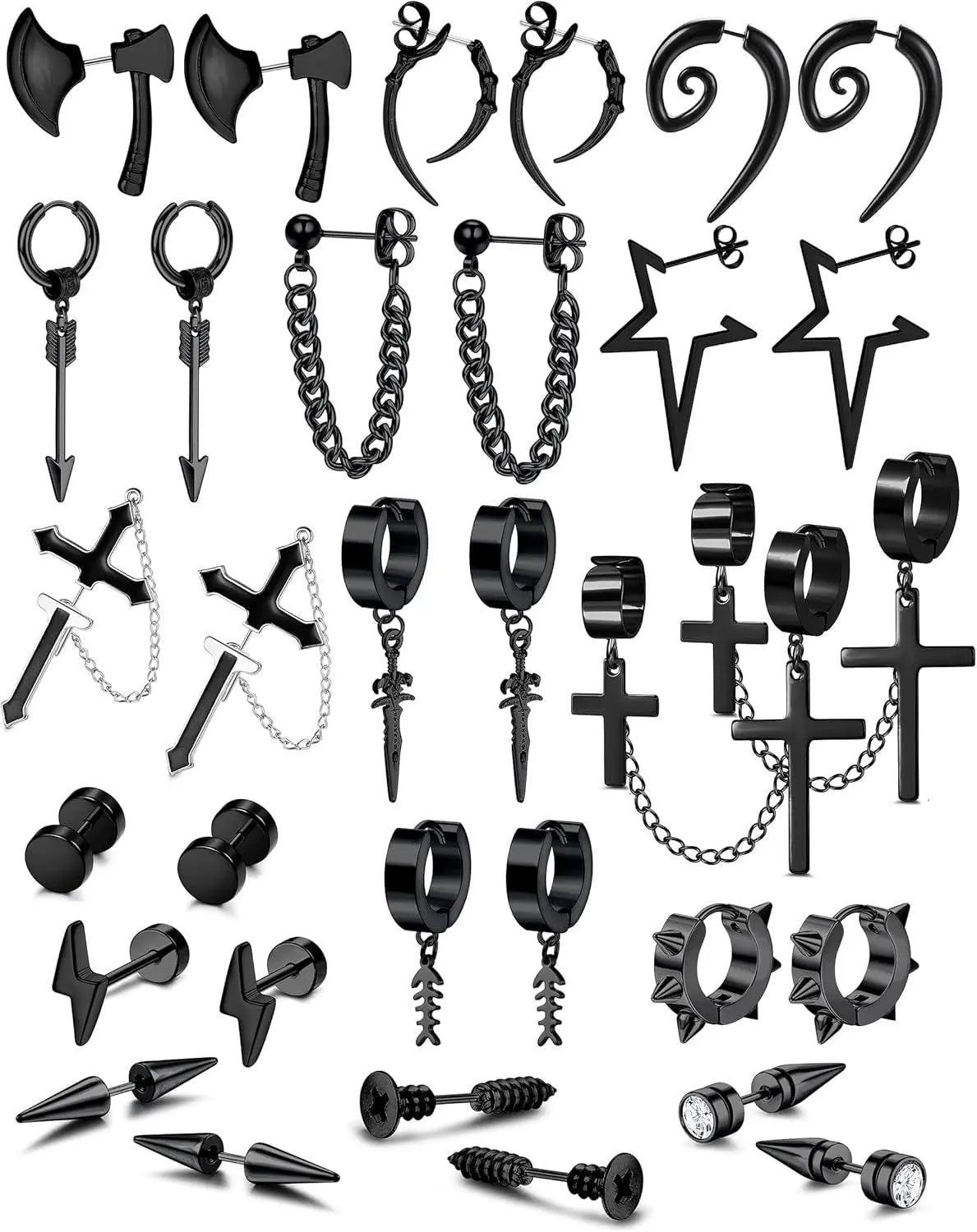 16 Pairs Y2K Punk Black Stainless Steel Earrings Set - SS69