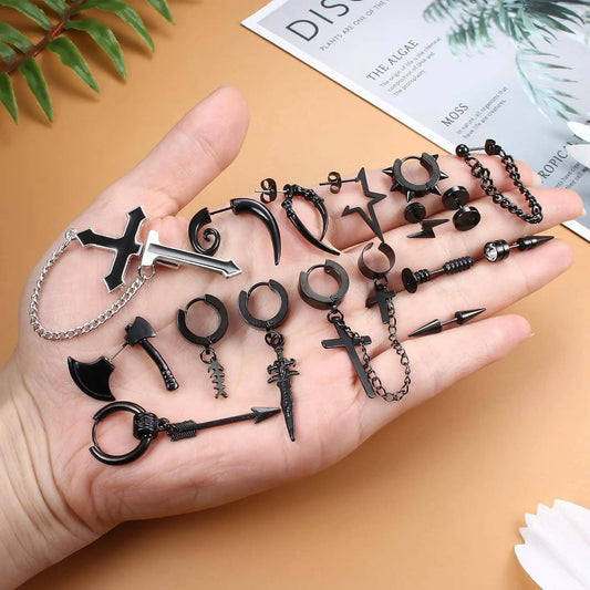 16 Pairs Y2K Punk Black Stainless Steel Earrings Set - SS69
