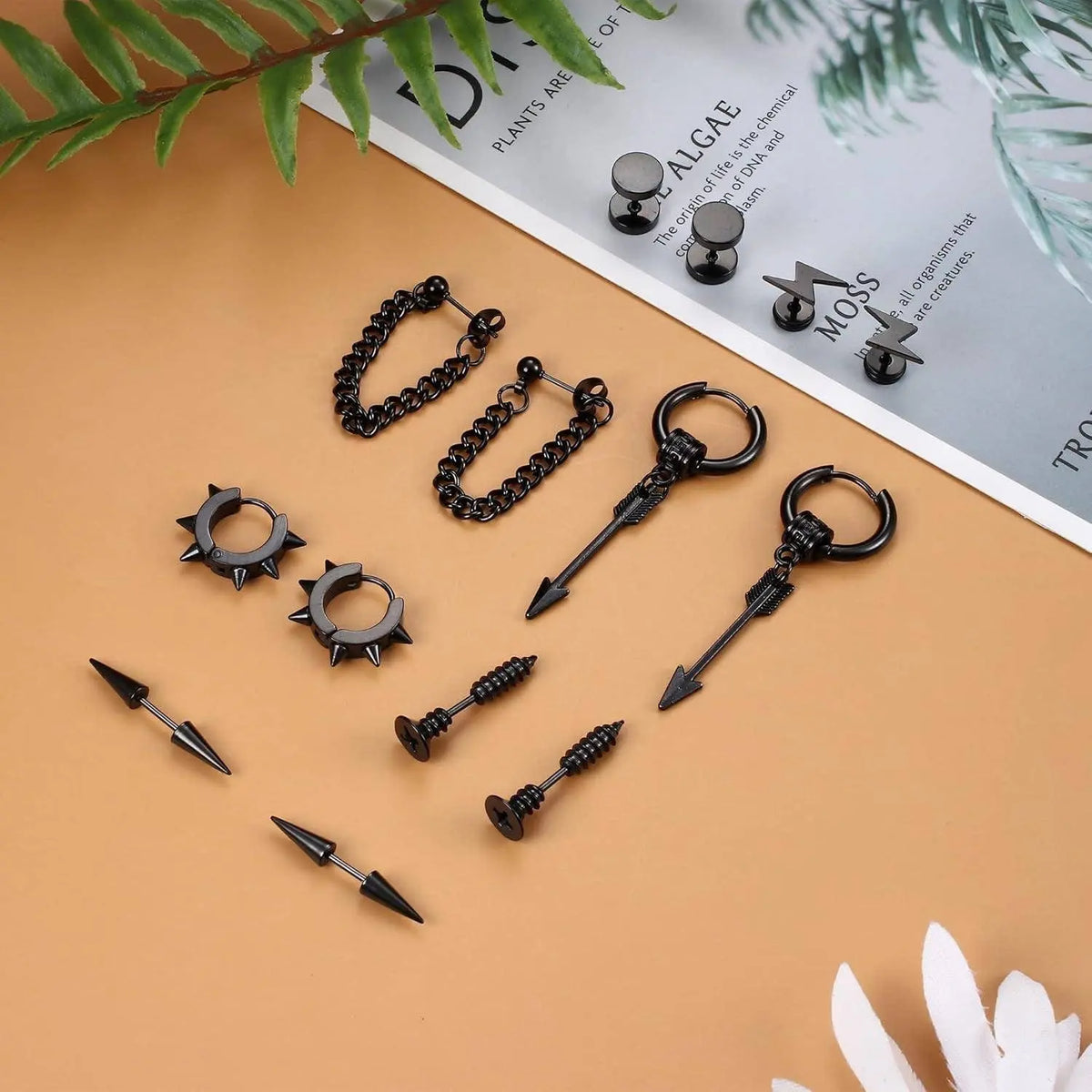 16 Pairs Y2K Punk Black Stainless Steel Earrings Set - SS69