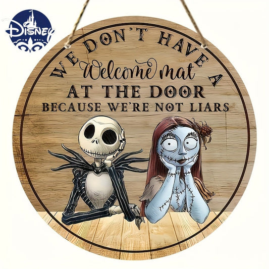 1pc Disney The Nightmare Before Christmas Jack & Sally Metal Sign - 8-Inch Round Rustic Welcome Door Decor with "We Don't Have a Mat" Humorous Quote, Weather-Resistant Indoor/Outdoor Wall Art for Halloween, Christmas, Thanksg SS69 11.69 8*8inch