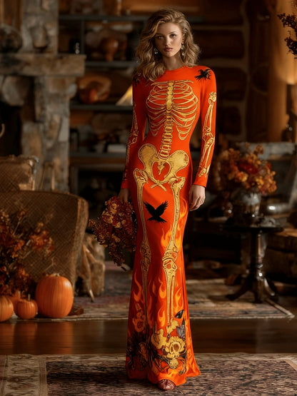 Women's Gothic Vampire Costume Dress - Full-Body Skeleton Print & Anatomical Heart Design Long Sleeve Maxi Gown with A-Line Silhouette, Short Train Hem for Halloween Parties, Prom, Themed Events - Machine Washable Gothic Wedd SS69