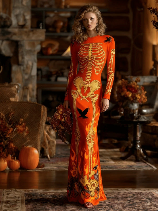 Women's Gothic Vampire Costume Dress - Full-Body Skeleton Print & Anatomical Heart Design Long Sleeve Maxi Gown with A-Line Silhouette, Short Train Hem for Halloween Parties, Prom, Themed Events - Machine Washable Gothic Wedd SS69