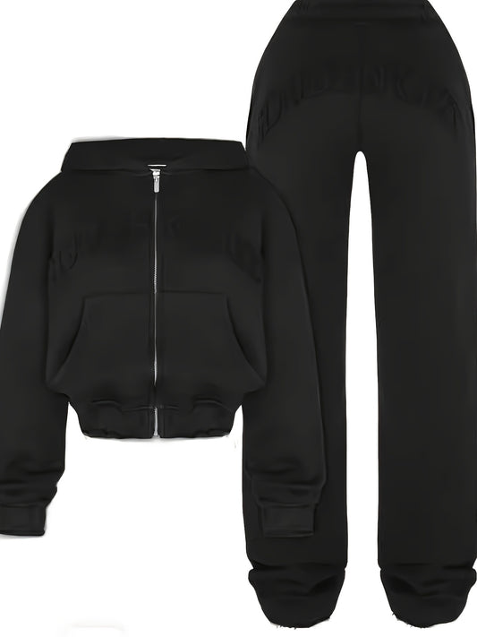 Chic Women's Athletic Set: Full-Zip Hoodie & Slim-Fit Pants - Comfortable, Adjustable, and Stylish with Letter Print Design - SS69