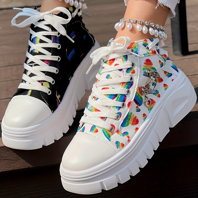 Heart Print Double Zipper Design Lace-up Sneakers - SS69
