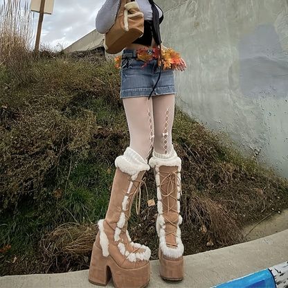 Womens Winter Punk Goth Boots - Faux Fur Lined, Side Zipper, Lace Up, Chunky Heel, Platform, Warm, Knee High, Mid Calf, Block Heel, Snow Walking Boots For Women - SS69