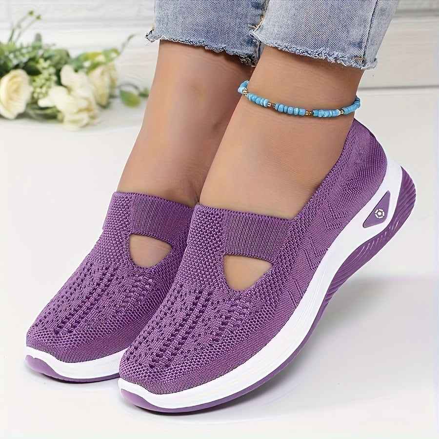 Women'S Breathable Knit Slip-On Sneakers with Non-Slip Rubber Sole, Green Perforated Design & Arch Support - All-Season Comfort Fit Walking Shoes, Cushioned Insole & Arch Cushioning, Mid-Top Style for Casual, Office, Travel -