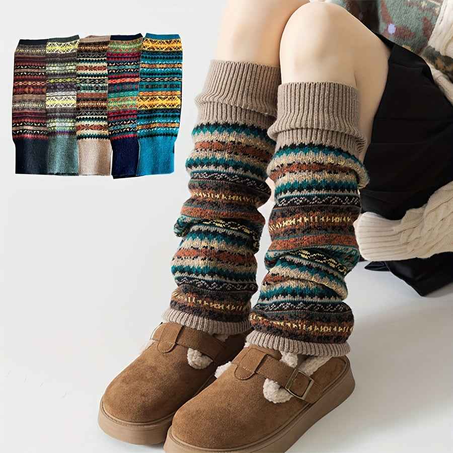 [Bohemian Leg Warmers] 1/2 Pair Women's Bohemian Leg Warmers - Cozy Geometric Pattern, Thick Warm Fleece-Lined Cuffs, Brown & Beige, Perfect for Fall & Winter, Winter Leg Warmers | Bohemian Style | Construction, Leg Warmers f