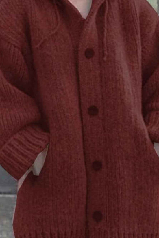 Plus Size, Plus Size Elegant Hooded Cardigan Jacket - 100% Winter Sweater Coat with Front Button Closure, Hooded Long Sweater Jacket Suitable for Fall/Winter, Brown/Navy/Red - Casual & Formal Wear, Machine Washable Cozy Outer
