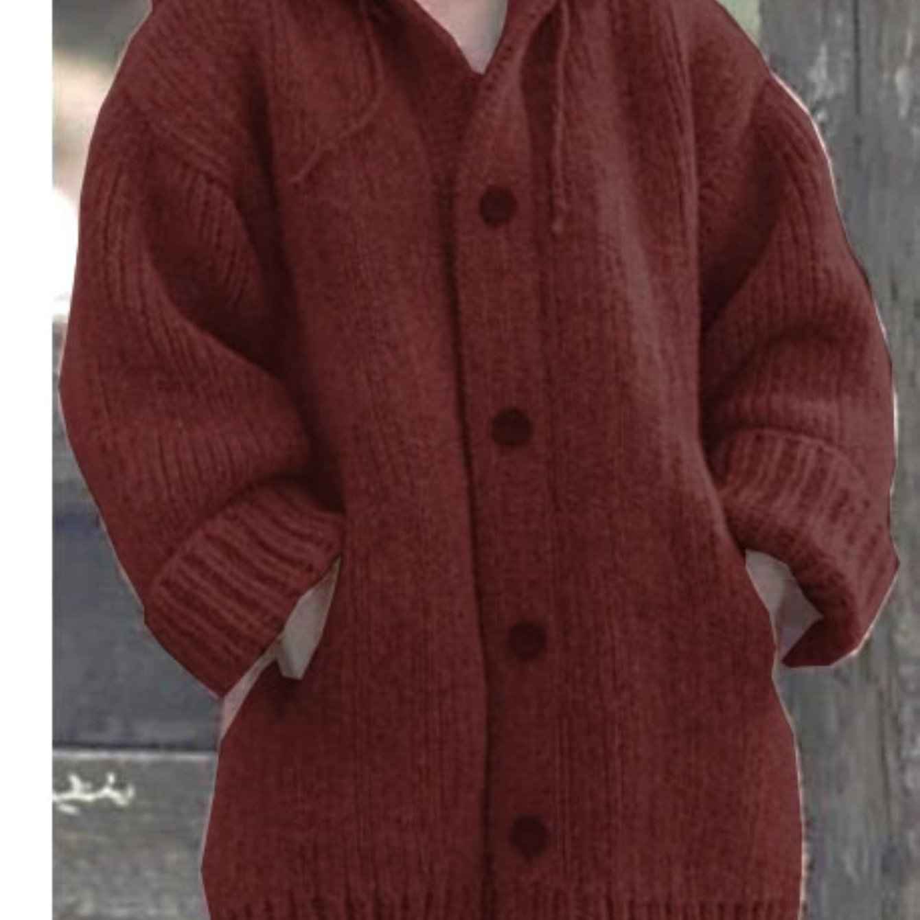 Plus Size, Plus Size Elegant Hooded Cardigan Jacket - 100% Winter Sweater Coat with Front Button Closure, Hooded Long Sweater Jacket Suitable for Fall/Winter, Brown/Navy/Red - Casual & Formal Wear, Machine Washable Cozy Outer