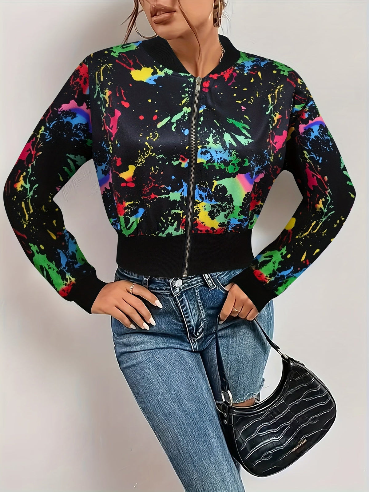 Casual Graffiti Print Long Sleeve - Bomber Jacket Zip Up Outerwear, Women's Clothing SS69