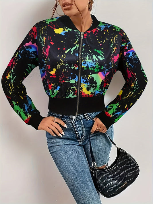 Casual Graffiti Print Long Sleeve - Bomber Jacket Zip Up Outerwear, Women's Clothing SS69
