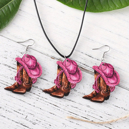 3pcs of Retro Western Style Pink Denim Hats and Boot Pendants, Earrings, Necklace Set, Women's Wooden Double-sided Jewelry, Daily and Party Accessories, All Year Round Wear, Denim Accessories SS69 12.69 1set/3pcs