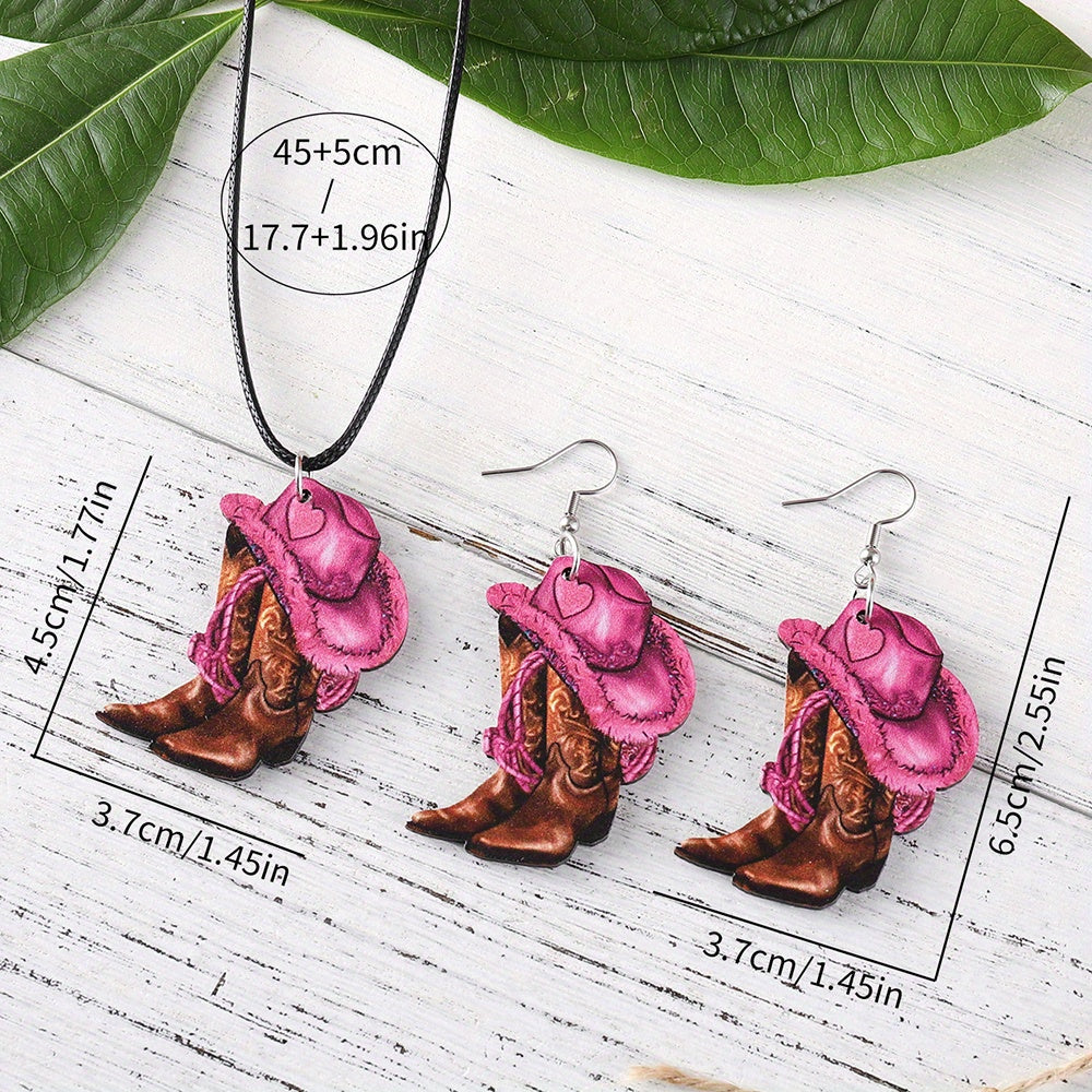 3pcs of Retro Western Style Pink Denim Hats and Boot Pendants, Earrings, Necklace Set, Women's Wooden Double-sided Jewelry, Daily and Party Accessories, All Year Round Wear, Denim Accessories SS69