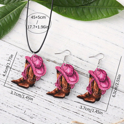 3pcs of Retro Western Style Pink Denim Hats and Boot Pendants, Earrings, Necklace Set, Women's Wooden Double-sided Jewelry, Daily and Party Accessories, All Year Round Wear, Denim Accessories SS69