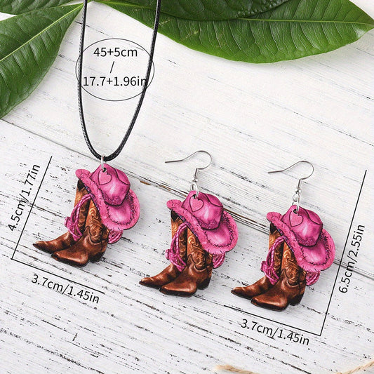3pcs of Retro Western Style Pink Denim Hats and Boot Pendants, Earrings, Necklace Set, Women's Wooden Double-sided Jewelry, Daily and Party Accessories, All Year Round Wear, Denim Accessories SS69