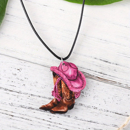 3pcs of Retro Western Style Pink Denim Hats and Boot Pendants, Earrings, Necklace Set, Women's Wooden Double-sided Jewelry, Daily and Party Accessories, All Year Round Wear, Denim Accessories SS69