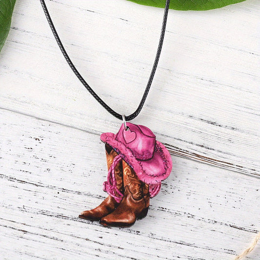 3pcs of Retro Western Style Pink Denim Hats and Boot Pendants, Earrings, Necklace Set, Women's Wooden Double-sided Jewelry, Daily and Party Accessories, All Year Round Wear, Denim Accessories SS69