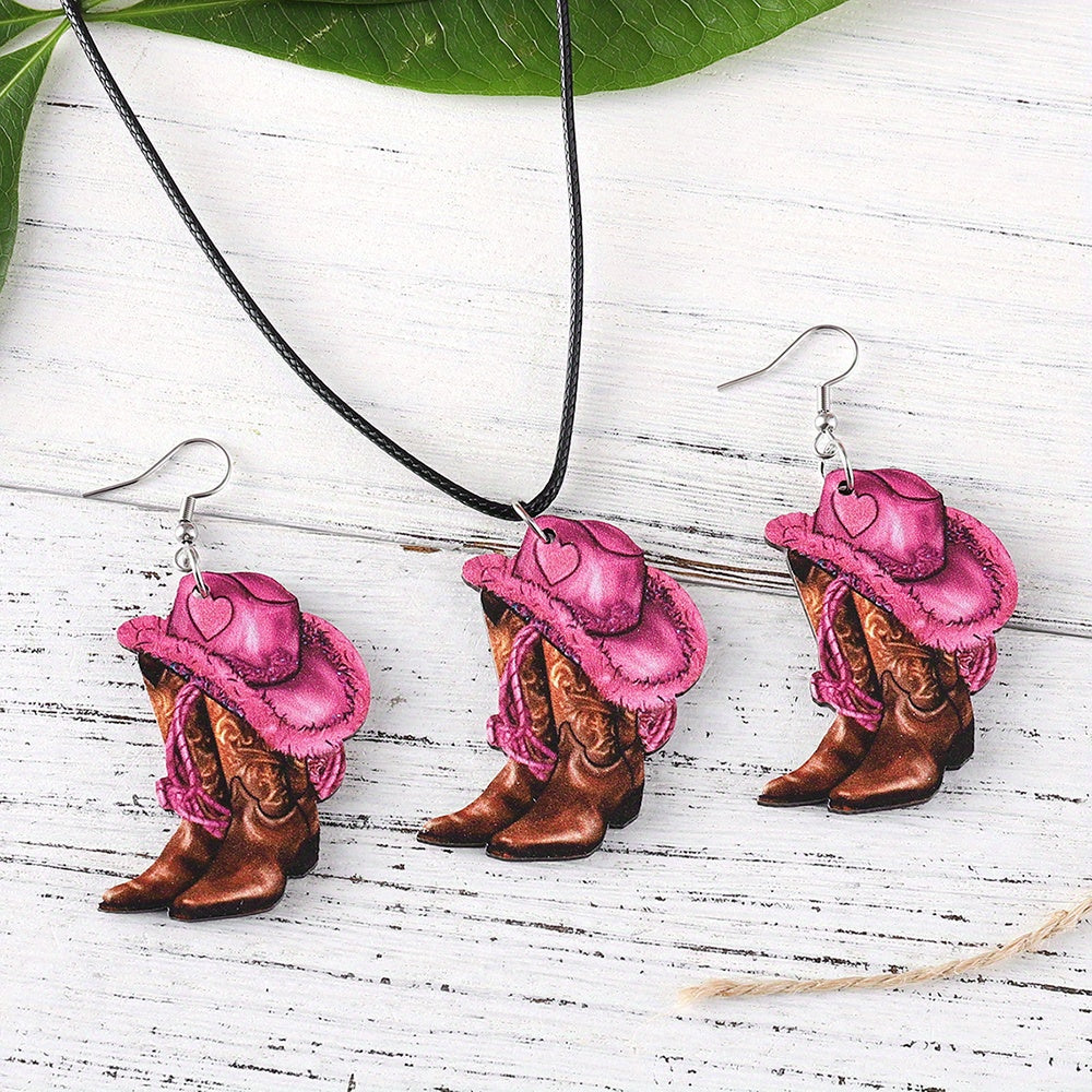 3pcs of Retro Western Style Pink Denim Hats and Boot Pendants, Earrings, Necklace Set, Women's Wooden Double-sided Jewelry, Daily and Party Accessories, All Year Round Wear, Denim Accessories SS69