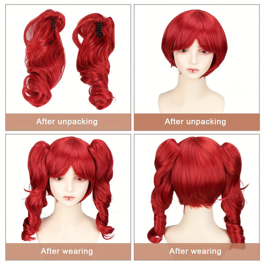 Women's Heat-Resistant Synthetic Fiber Curly Red Wig with Blonde Roots & Red Balloon-Style Hair - Scary Clown Costume for Halloween, Circus, Cosplay - Comfortable & Easy-Care Wavy Hair Design, Vibrant -Lasting Color, Versatil SS69