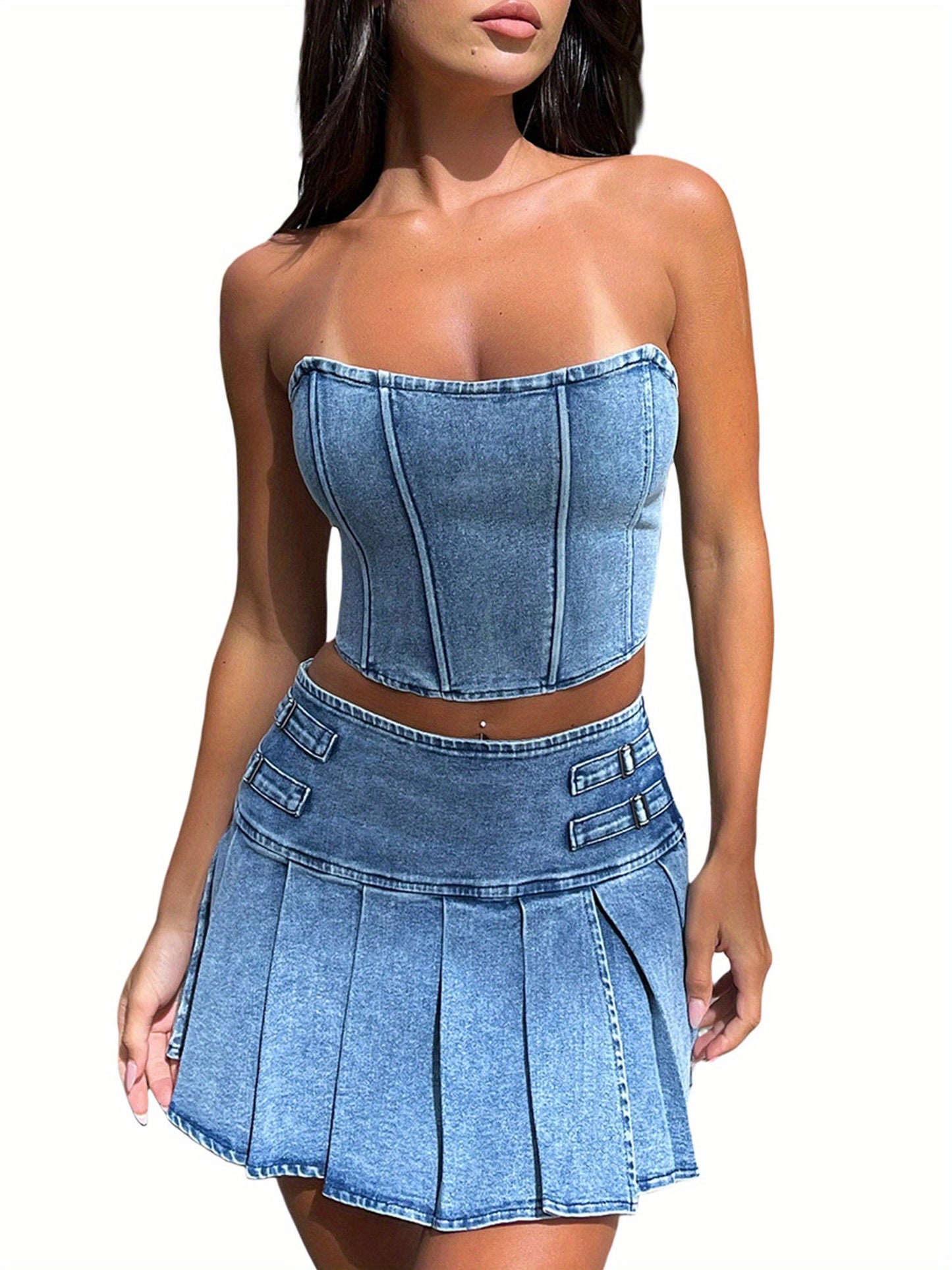 2pcs Women's Summer Outfit Sets - Sleeveless Off Shoulder Bandeau Top + Pleated Denim Skirt, Cute Spring/Summer Polyester Outfit, Machine Washable, Lightweight & Comfortable SS69