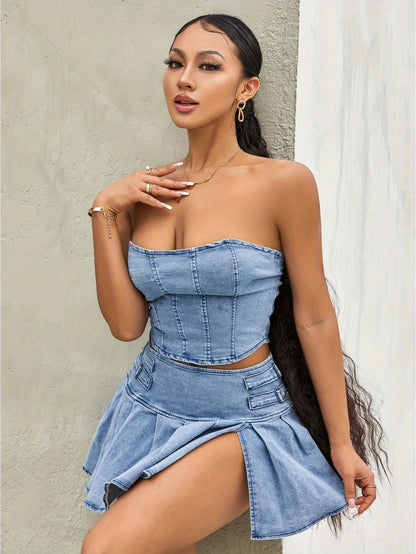2pcs Women's Summer Outfit Sets - Sleeveless Off Shoulder Bandeau Top + Pleated Denim Skirt, Cute Spring/Summer Polyester Outfit, Machine Washable, Lightweight & Comfortable - SS69