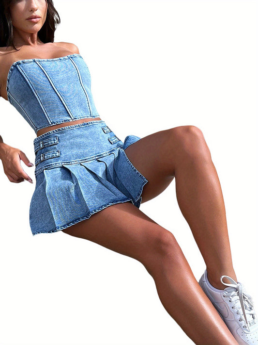 2pcs Women's Summer Outfit Sets - Sleeveless Off Shoulder Bandeau Top + Pleated Denim Skirt, Cute Spring/Summer Polyester Outfit, Machine Washable, Lightweight & Comfortable - SS69