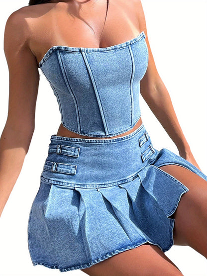 2pcs Women's Summer Outfit Sets - Sleeveless Off Shoulder Bandeau Top + Pleated Denim Skirt, Cute Spring/Summer Polyester Outfit, Machine Washable, Lightweight & Comfortable SS69