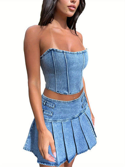 2pcs Women's Summer Outfit Sets - Sleeveless Off Shoulder Bandeau Top + Pleated Denim Skirt, Cute Spring/Summer Polyester Outfit, Machine Washable, Lightweight & Comfortable SS69
