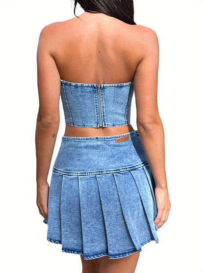 2pcs Women's Summer Outfit Sets - Sleeveless Off Shoulder Bandeau Top + Pleated Denim Skirt, Cute Spring/Summer Polyester Outfit, Machine Washable, Lightweight & Comfortable - SS69