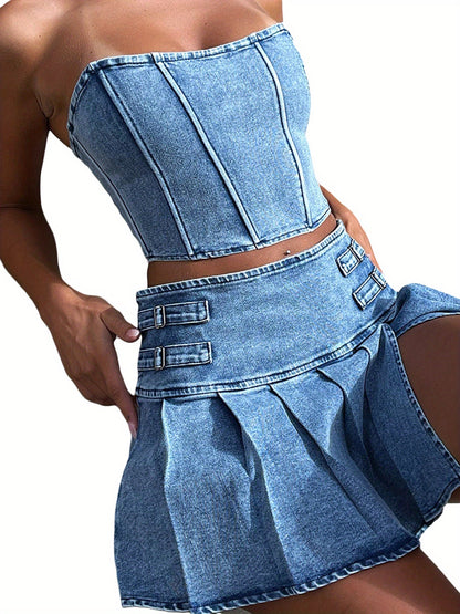 2pcs Women's Summer Outfit Sets - Sleeveless Off Shoulder Bandeau Top + Pleated Denim Skirt, Cute Spring/Summer Polyester Outfit, Machine Washable, Lightweight & Comfortable SS69