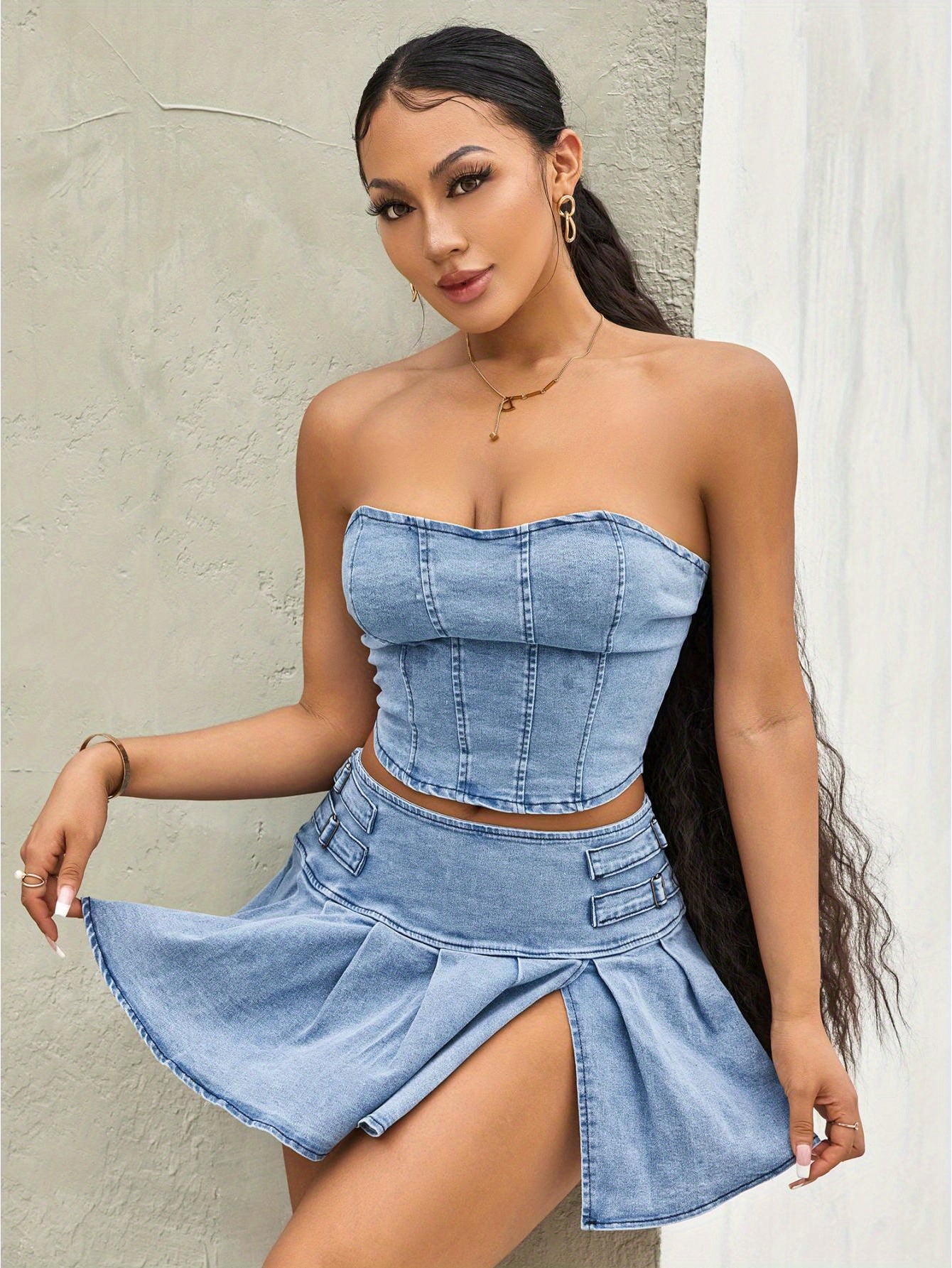 2pcs Women's Summer Outfit Sets - Sleeveless Off Shoulder Bandeau Top + Pleated Denim Skirt, Cute Spring/Summer Polyester Outfit, Machine Washable, Lightweight & Comfortable - SS69