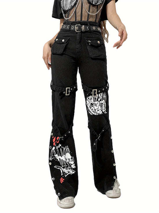 Women High Waist Jeans with Metal Buckle Belt, Lengthened Style Street Dark Spring Clothing SS69