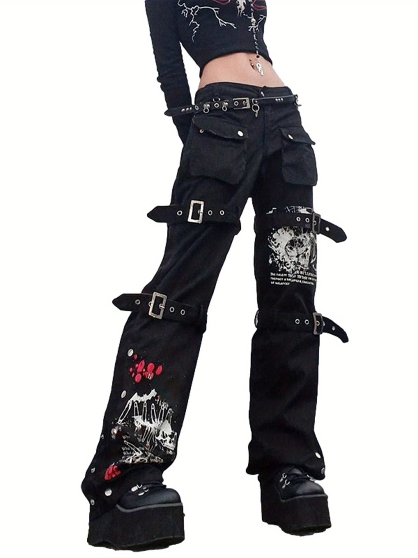 Women High Waist Jeans with Metal Buckle Belt, Lengthened Style Street Dark Spring Clothing SS69