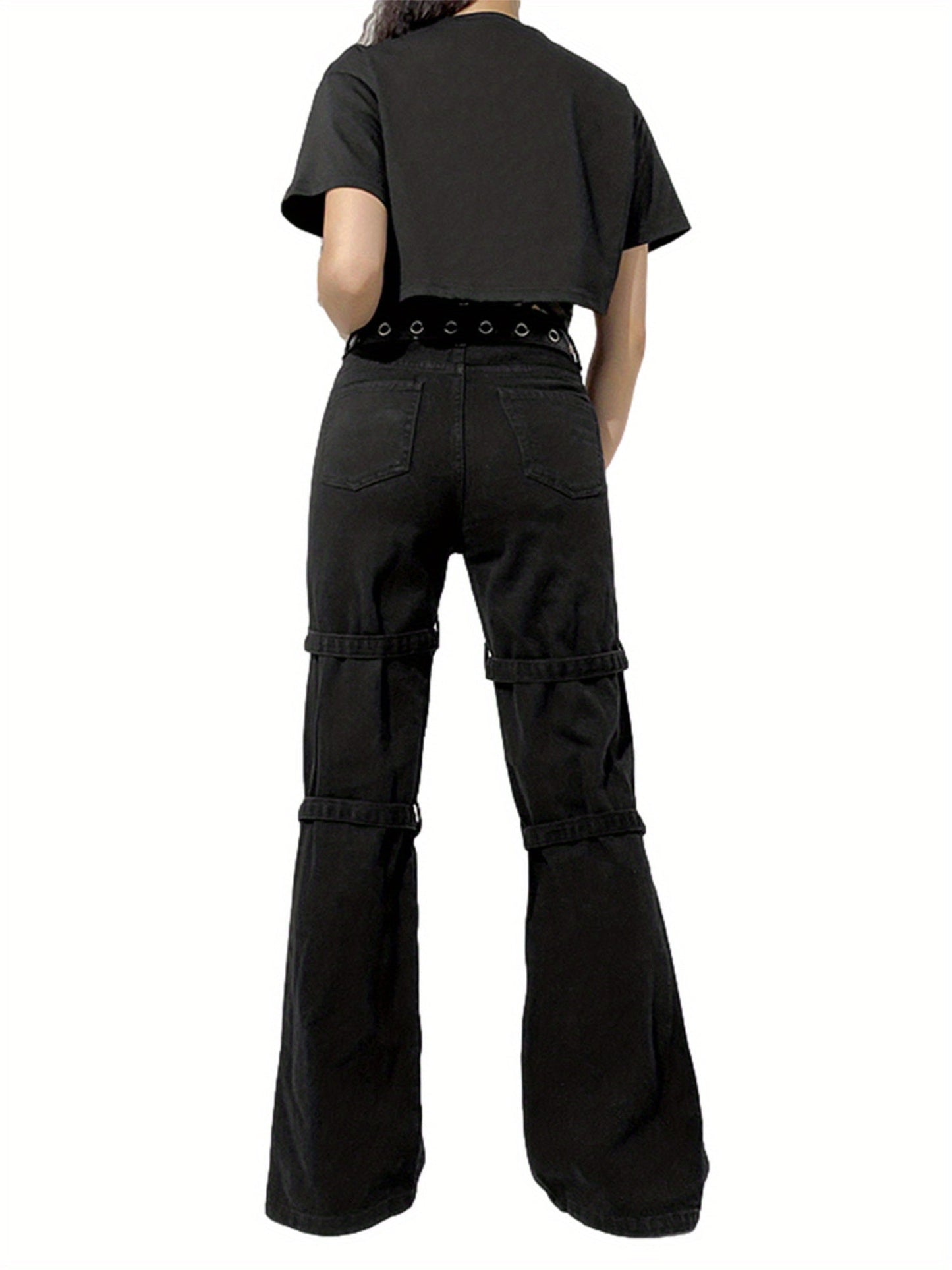 Women High Waist Jeans with Metal Buckle Belt, Lengthened Style Street Dark Spring Clothing SS69
