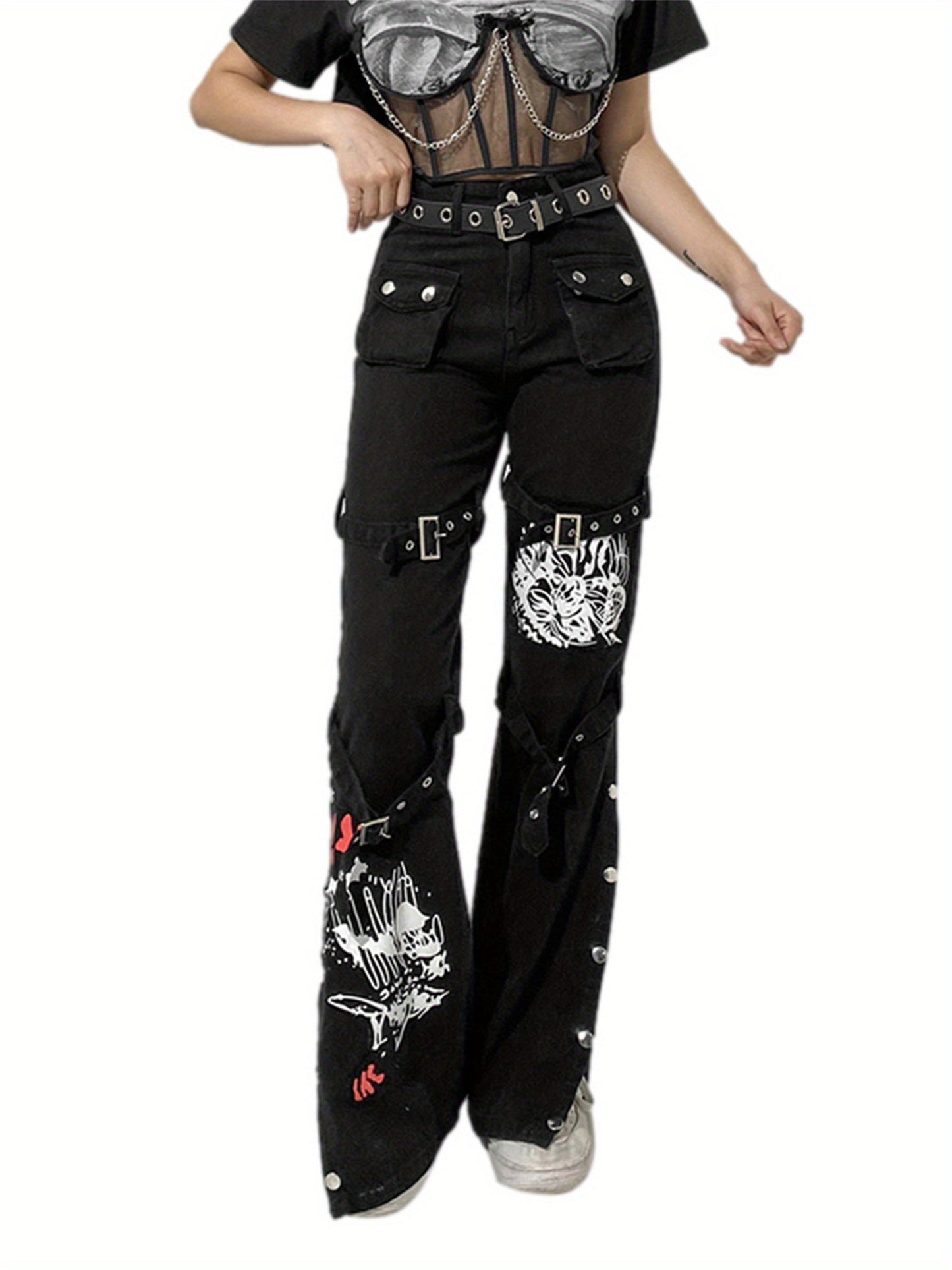 Women High Waist Jeans with Metal Buckle Belt, Lengthened Style Street Dark Spring Clothing SS69