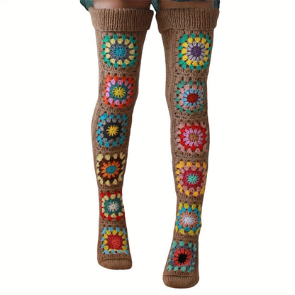 Cozy Winter Thigh Socks - Long Knit Over Knee Stockings - Boho Leg Warmers Crochet SS69 18.69 Khaki / One-size