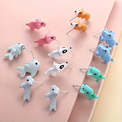 "Charming" 14-piece Cute Animal Earring Set - Dinosaur, Puppy And Whale Designs - Fun Clay-bite Jewelry Gift Fun Gifts And Accessories SS69