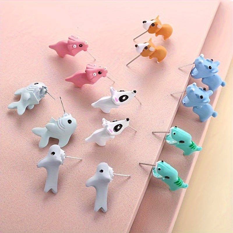 "Charming" 14-piece Cute Animal Earring Set - Dinosaur, Puppy And Whale Designs - Fun Clay-bite Jewelry Gift Fun Gifts And Accessories - SS69