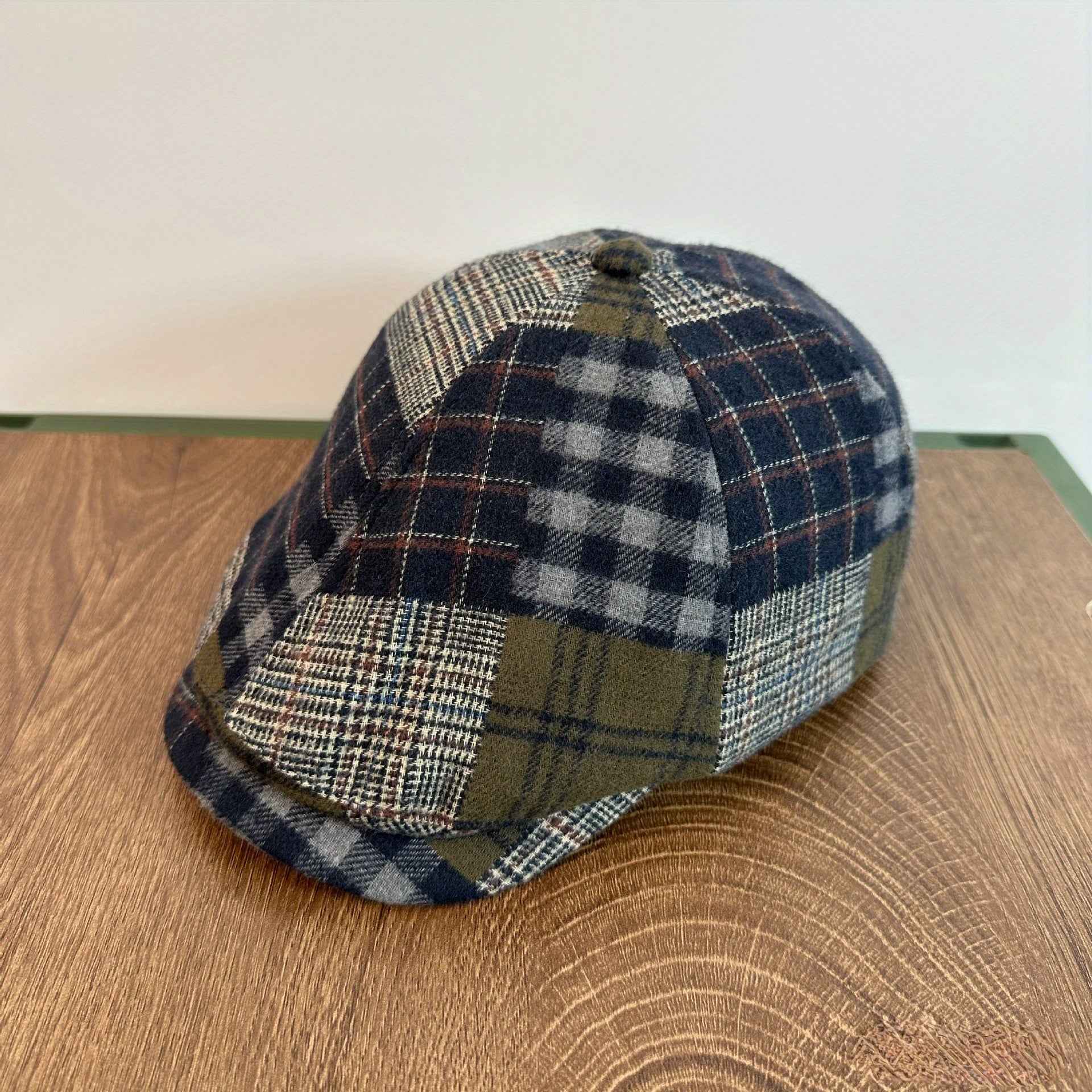 Vintage Plaid Beret Cap - Unisex Autumn/Winter British Style Painter Hat - Fabric, Stripe Craftsmanship, Inelastic, Packable, Random Print Position