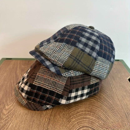 Vintage Plaid Beret Cap - Unisex Autumn/Winter British Style Painter Hat - Fabric, Stripe Craftsmanship, Inelastic, Packable, Random Print Position